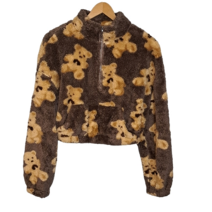 ✨HP✨Cartoon Bear - Cropped, 1/2 Zip, Fluffy Sweatshirt - Kanga Pocket - EUC